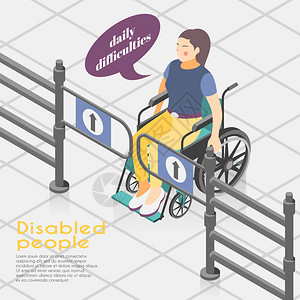 残疾人困难等距背景构图与轮椅绑定妇女无法打开入口大门矢量插图图片