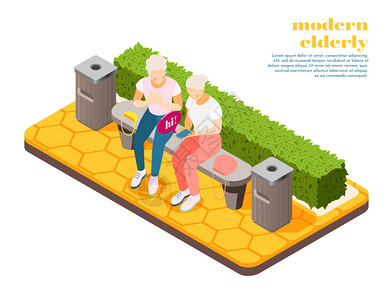现代老人等距构图,两名妇女坐长凳上学发送短信矢量插图图片