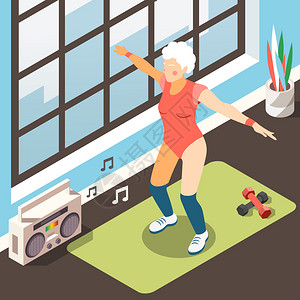 长寿等距背景与现代老妇女适合健身体育锻炼音乐伴奏矢量插图插画