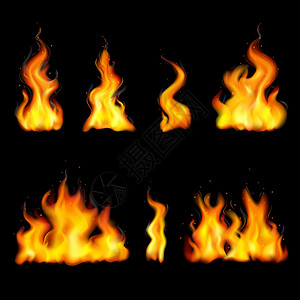 各种颜色的火焰真实的火焰与同的形状隔离颜色黑色背景矢量插图插画