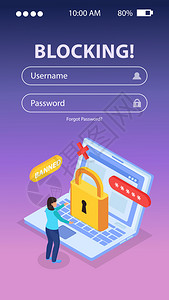 屏幕锁定互联网阻塞等距背景成与禁止用户笔记本电脑与锁定登录移动屏幕矢量插图插画