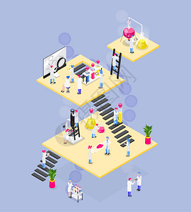 化学等距成的方形平台连接楼梯,人物实验室设备各种物体矢量插图图片