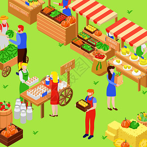 农场当地市场等距成与图像的食品博览会摊位与人类的特征产品矢量插图图片
