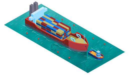 等距水运输成与方形平台水拖网渔船驳船装载货物矢量插图背景图片