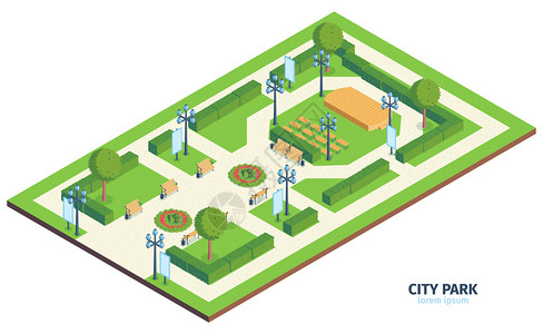 公园平面图等距城市公园成与文本城市公共花园与长凳灌木丛户外表演舞台矢量插图插画