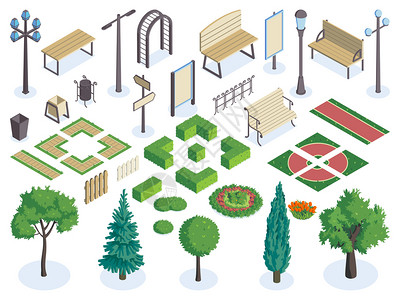 建筑学生态学等距城市公园颜色水平与公共广场花园的孤立元素空白背景矢量插图插画