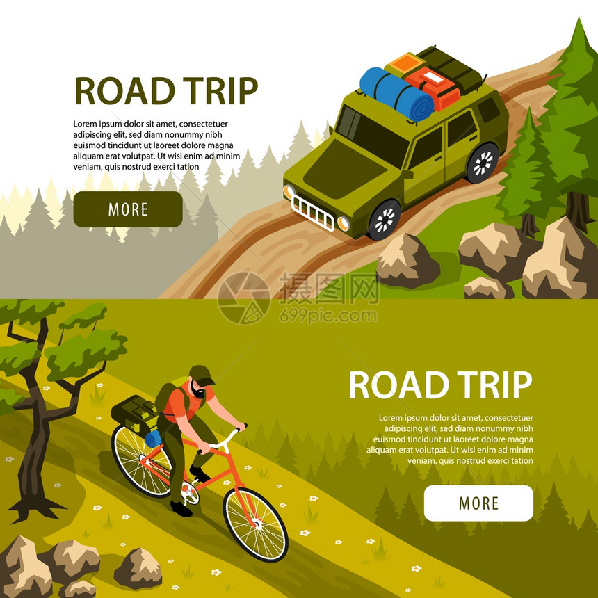 露营水平横幅男子骑自行车旅游汽车道路上的森林三维等距孤立矢量插图图片