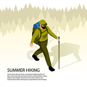 徒步旅行路线男人带着背包棍子徒步旅行露营的三维等距插图插画