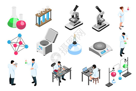 行业专家科学家制药实验室设备等距图标白色背景三维矢量插图上插画