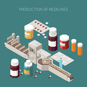 药物生产与药物治疗符号等距矢量插图图片