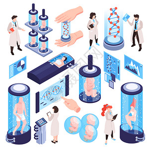 材料科学与工程等距克隆人DNA研究科学实验室集与图标试管人类字符矢量插图插画