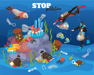 停止水污染水下背景与潜水员清洗小垃圾海底等距矢量插图图片