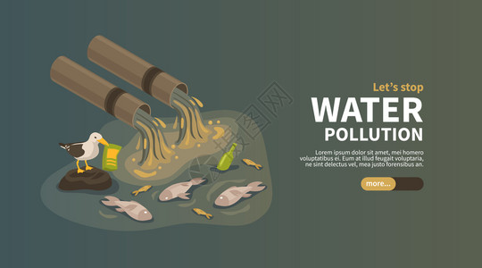 垃圾广告工业水平的水污染与工业管道污染海洋与废物产品等距矢量图插画