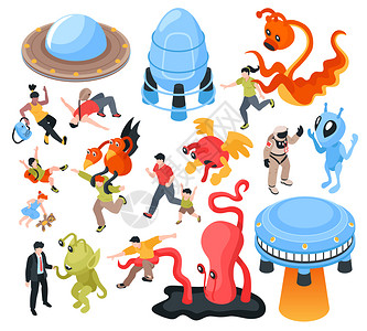 人形动物UFO外星人等距的飞碟奇妙的人物外层矢量插图插画
