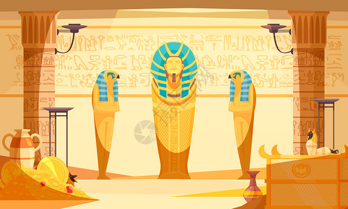 埃及墓室墓室内部与死者伊比斯鸟娃娃木乃伊墙蚀刻光矢量插图图片