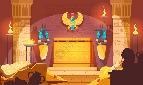 埃及墓室与死亡之神木乃伊人物守卫墓葬食物祭品黑暗剪影矢量插图插画