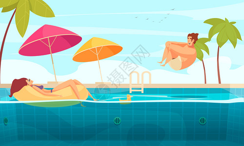 轻夫妇享受水上公园热带天堂漂浮跳跃加热的室外游泳池漫画构图矢量插图图片