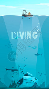 潜水员探索海难深处的海洋平漫画风格的构图与水下背景矢量插图图片