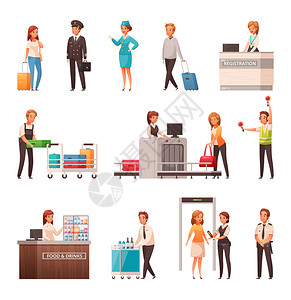 机场工作人员用手提箱安全检查卡通图标白色背景矢量插图上图片