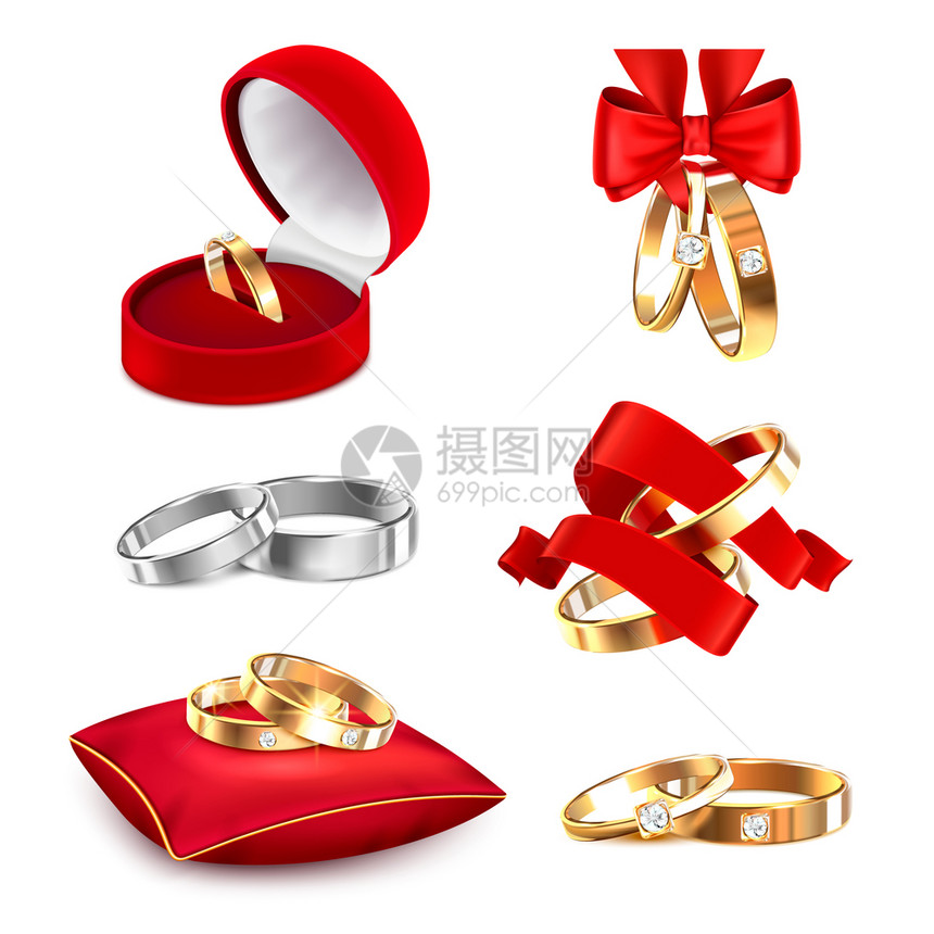 结婚戒指现实的大集合与图像联盟戒指,红色丝带盒枕头矢量插图图片