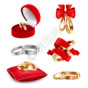 结婚戒指现实的大集合与图像联盟戒指,红色丝带盒枕头矢量插图图片