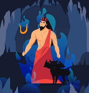 阴间希腊上帝与塞伯鲁斯另个世界卡通矢量插图插画