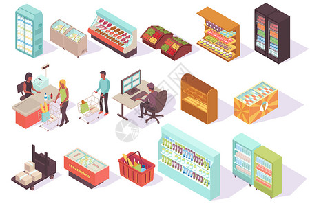 分类信息素材超市等轴测图与独立图像库货架阴影与顾客特征矢量图插画