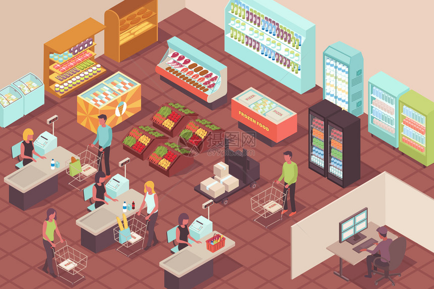 超市等距背景与买家支付他们的购买结帐向量插图图片