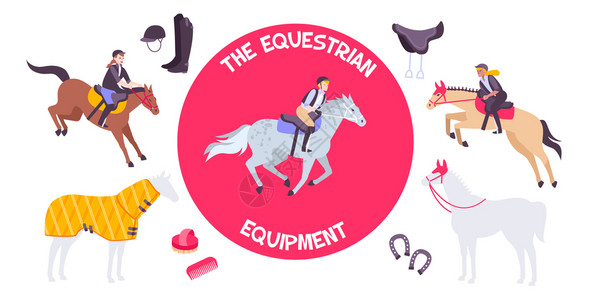 马术动物马匹装备成中心的红色标志,骑手骑马背上矢量图插画