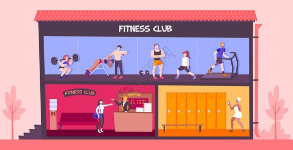健身俱乐部成与剖视图的两层建筑与同的房间平人物矢量插图背景图片
