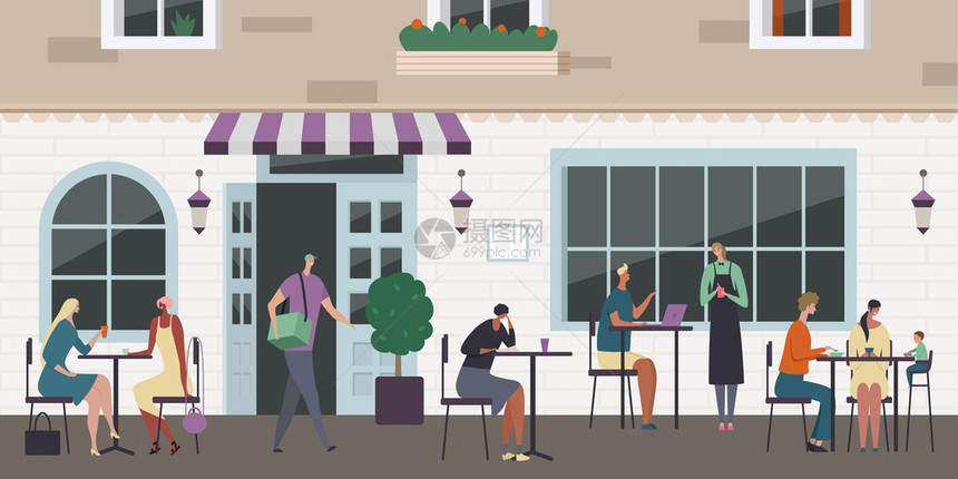 街头咖啡馆构图与户外风景餐厅外部人的特点,游客坐桌子矢量插图图片