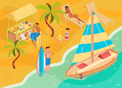 热带休息等距背景与海滩度假符号矢量插图图片