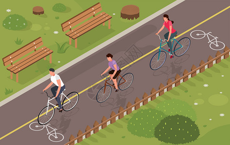 三人骑自行车公园三维等距矢量插图插画