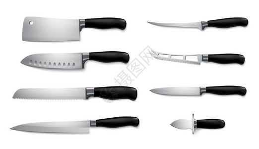 锋利的刀刀现实与同的菜刀隔离矢量插图插画