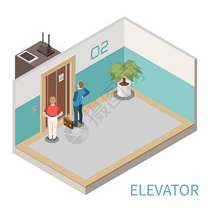 自动电梯等距构图与两名男子等待电梯大厅三维矢量插图插画