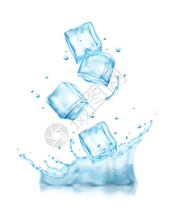 喝冷水现实的冰块飞溅成,以查看立方体落入冷水与滴矢量插图插画