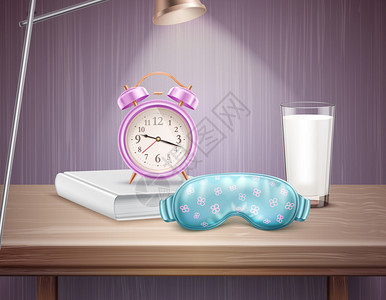 床边桌子睡眠闹钟书床头柜上的牛奶璃写实构图矢量插图插画