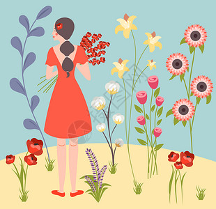 花女孩红色准备花婚礼仪式上,以异国情调的盛开植物为背景,平矢量插图背景图片