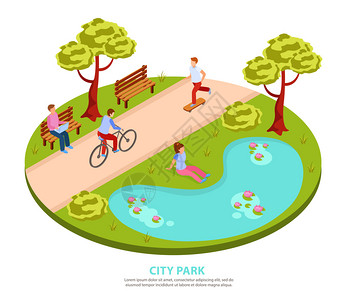 城市公园圆形等距构图与人们滑板自行车工作笔记本电脑坐池塘矢量插图图片
