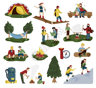 营地图标露营趣的平复古迷你合图标与徒步爬山人配件情况矢量插图插画