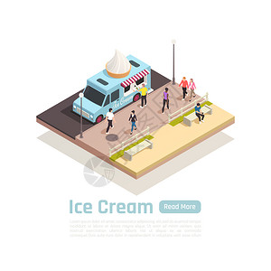 街头推车卡车等距与冰淇淋卡车街道矢量插图图片