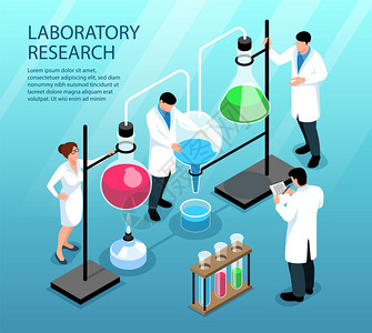 管烧瓶科学家正研究与彩色液体瓶管三维等距矢量插图插画