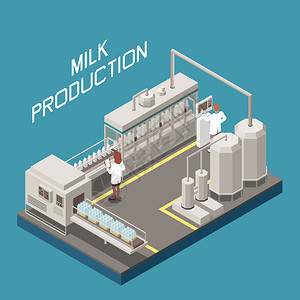 原料工厂牛奶厂与新技术符号等距矢量插图插画