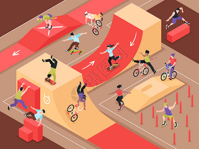滚装极端城市运动等距背景与青少骑滑板滚轮自行车城市滑板坡道矢量插图插画