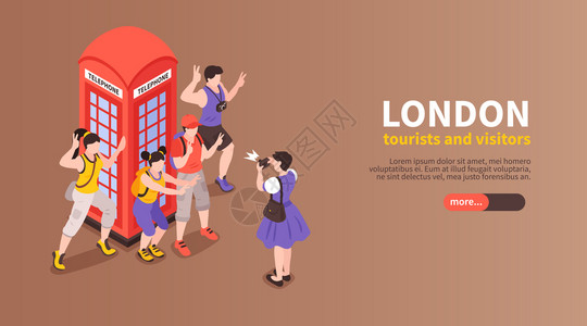 伦敦水平横幅与游客游客拍摄旁边的红色电话盒等距矢量插图图片