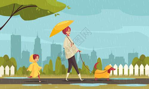 防水工遛狗恶劣天气下的扁平构图与母亲的孩子雨衣城市景观背景矢量插图插画