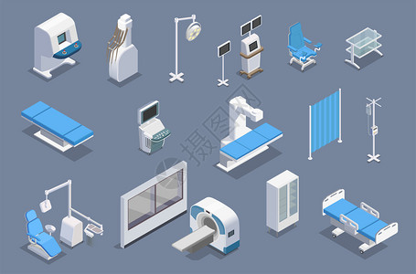 数字医院医疗设备等距与彩色图像的治疗设备单位,医疗设施械库矢量插图插画