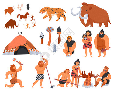 原始人的工具野生动物卡通图标白色背景矢量插图上高清图片
