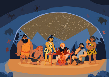 吐尼原始人家庭烹饪肉火洞穴卡通矢量插图插画