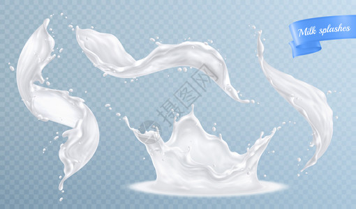 飞溅牛奶元素牛奶飞溅真实的与分离的图像飞溅滴白色液体透明的背景矢量插图插画